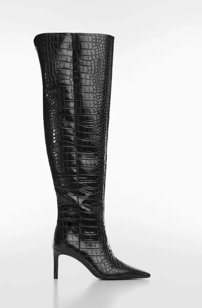 Black Croc-Effect Based Stiletto Boots